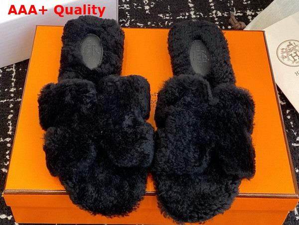 Hermes Oran Sandal in Black Teddy Shearling Replica