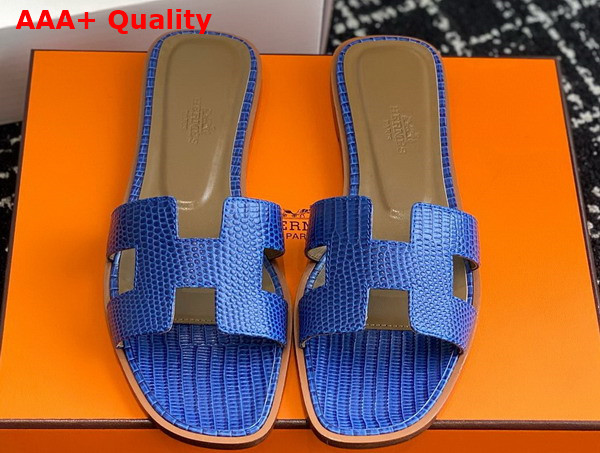 Hermes Oran Sandal in Blue Lizard Effect Calfskin Replica