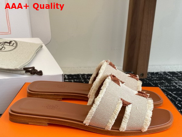 Hermes Oran Sandal in Fringed Linen Canvas Beige and Naturel Replica