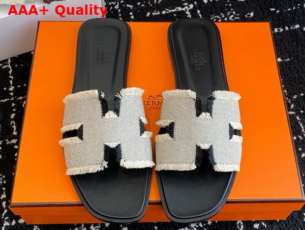 Hermes Oran Sandal in Fringed Linen Canvas Beige and Noir Replica