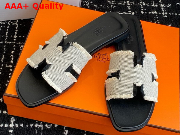 Hermes Oran Sandal in Fringed Linen Canvas Beige and Noir Replica