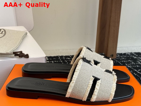 Hermes Oran Sandal in Fringed Linen Canvas Beige and Noir Replica