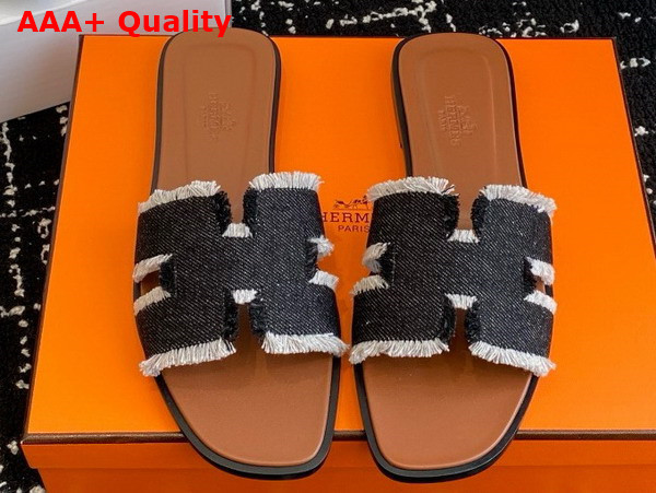 Hermes Oran Sandal in Fringed Linen Canvas Noir and Naturel Replica