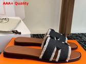 Hermes Oran Sandal in Fringed Linen Canvas Noir and Naturel Replica