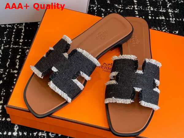 Hermes Oran Sandal in Fringed Linen Canvas Noir and Naturel Replica