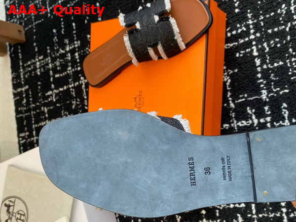 Hermes Oran Sandal in Fringed Linen Canvas Noir and Naturel Replica