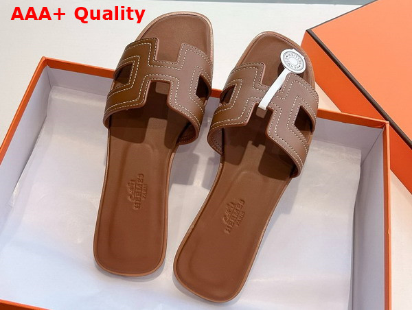 Hermes Oran Sandal in Gold Embroidered Calfskin with Iconic H Cut Out Replica