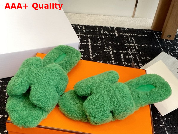 Hermes Oran Sandal in Green Teddy Shearling Replica