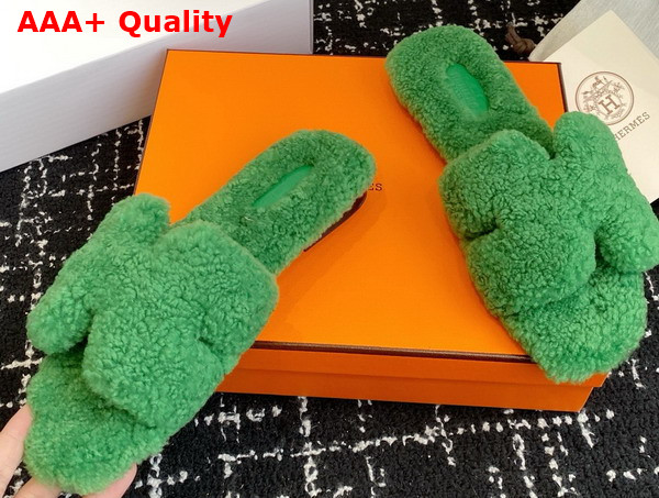 Hermes Oran Sandal in Green Teddy Shearling Replica