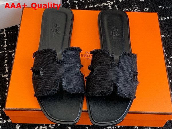 Hermes Oran Sandal in Noir Fringed Linen Canvas Replica