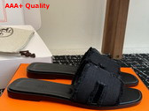 Hermes Oran Sandal in Noir Fringed Linen Canvas Replica