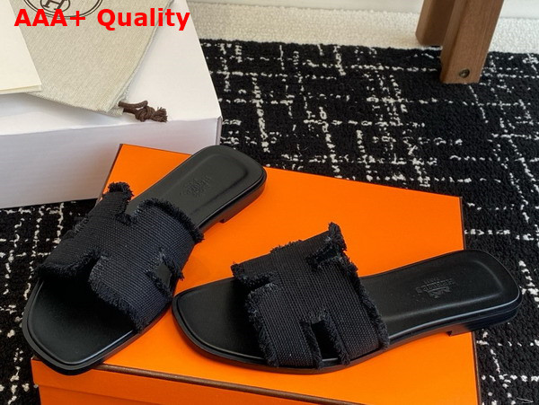 Hermes Oran Sandal in Noir Fringed Linen Canvas Replica