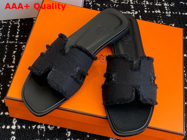 Hermes Oran Sandal in Noir Fringed Linen Canvas Replica