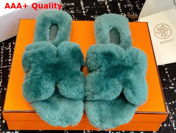 Hermes Oran Sandal in Peacock Blue Shearling Replica