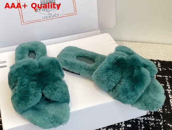 Hermes Oran Sandal in Peacock Blue Shearling Replica