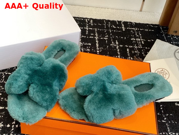 Hermes Oran Sandal in Peacock Blue Shearling Replica