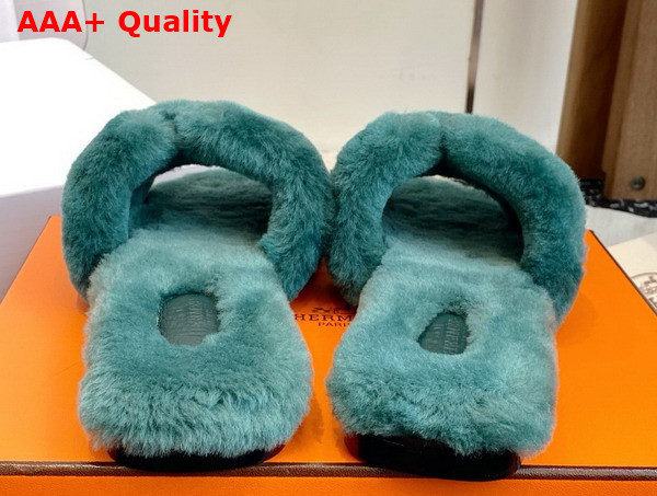 Hermes Oran Sandal in Peacock Blue Shearling Replica