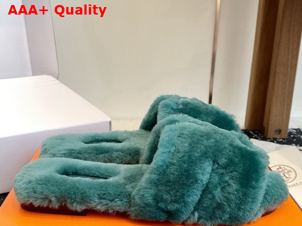 Hermes Oran Sandal in Peacock Blue Shearling Replica