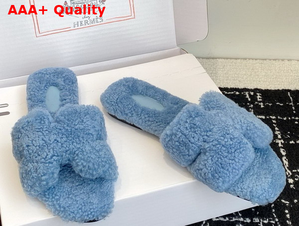 Hermes Oran Sandal in Sky Blue Teddy Shearling Replica