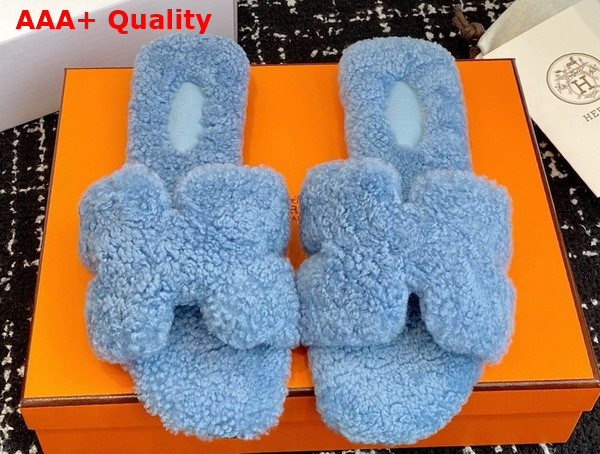 Hermes Oran Sandal in Sky Blue Teddy Shearling Replica