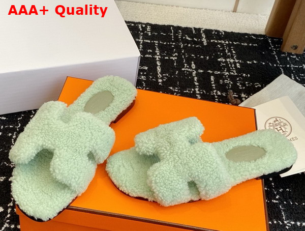 Hermes Oran Sandal in Vert De Mer Teddy Shearling Replica