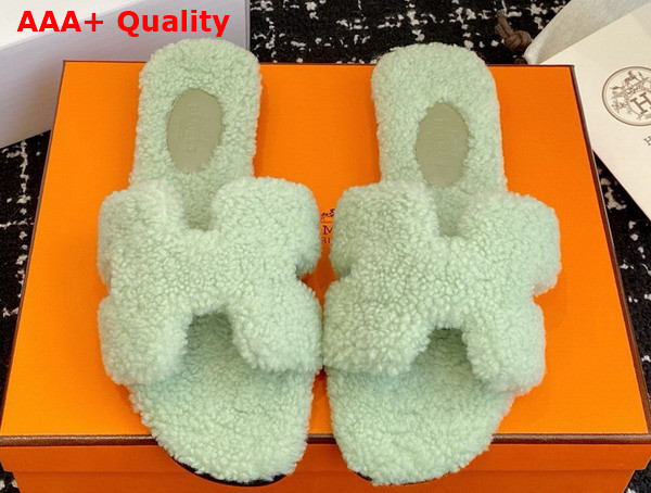 Hermes Oran Sandal in Vert De Mer Teddy Shearling Replica