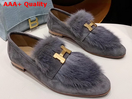 Hermes Paris Loafer in Grey Suede Goatskin and Mink with Permabrass Plated H Detail Replica