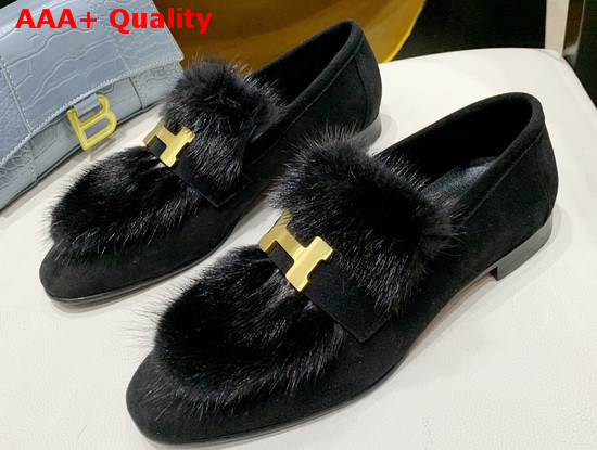 Hermes Paris Loafer in Noir Suede Goatskin and Mink with Permabrass Plated H Detail Replica