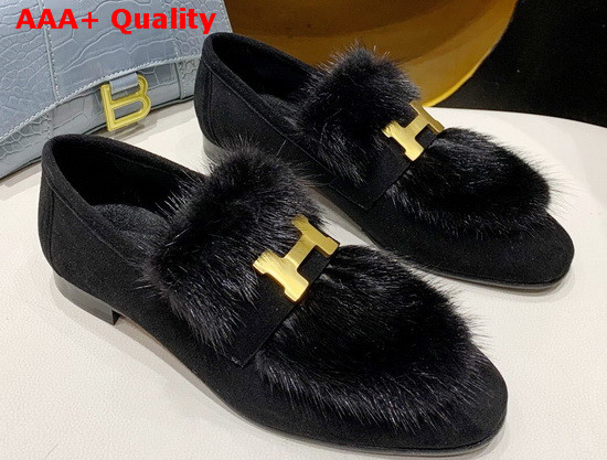 Hermes Paris Loafer in Noir Suede Goatskin and Mink with Permabrass Plated H Detail Replica