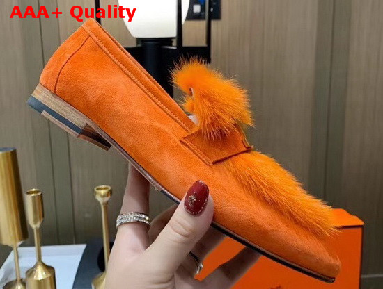 Hermes Paris Loafer in Orange Suede Goatskin and Mink with Permabrass Plated H Detail Replica