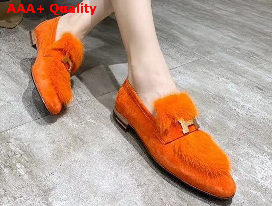 Hermes Paris Loafer in Orange Suede Goatskin and Mink with Permabrass Plated H Detail Replica