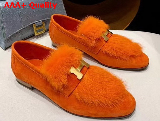 Hermes Paris Loafer in Orange Suede Goatskin and Mink with Permabrass Plated H Detail Replica