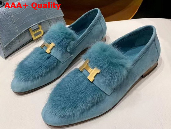 Hermes Paris Loafer in Sky Blue Suede Goatskin and Mink with Permabrass Plated H Detail Replica