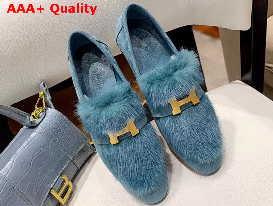Hermes Paris Loafer in Sky Blue Suede Goatskin and Mink with Permabrass Plated H Detail Replica