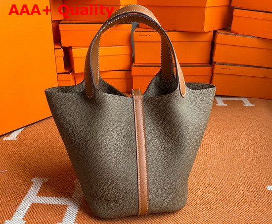Hermes Picotin Lock 18 Bag in Elephant Gray Taurillon Clemence Leather with Tan Leather Handle Replica