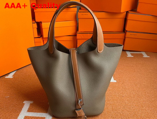 Hermes Picotin Lock 18 Bag in Elephant Gray Taurillon Clemence Leather with Tan Leather Handle Replica