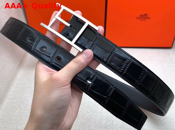 Hermes Quentin Reversible Belt in Black Crocodile Embossed Calfskin Replica