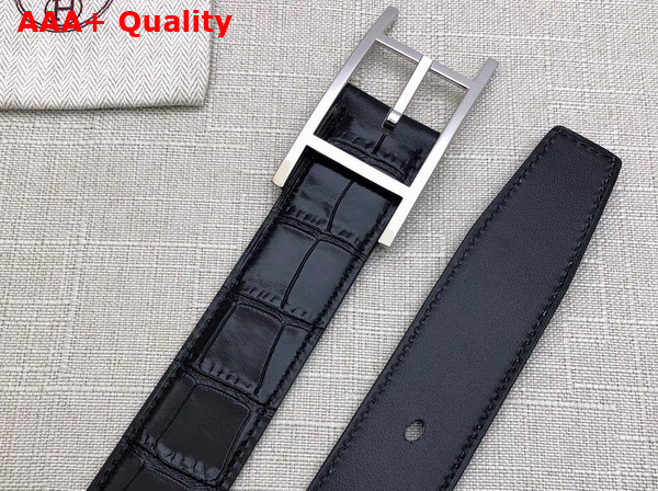 Hermes Quentin Reversible Belt in Black Crocodile Embossed Calfskin Replica