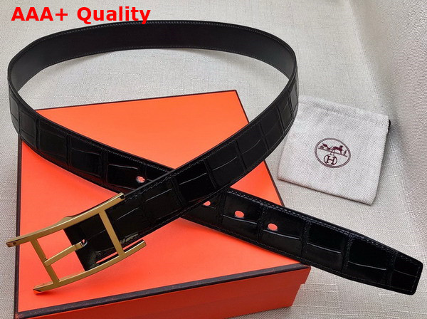 Hermes Quentin Reversible Belt in Black Crocodile Embossed Calfskin Replica