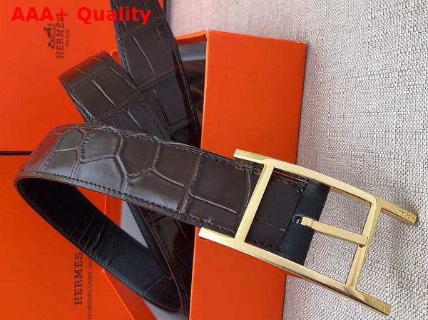 Hermes Quentin Reversible Belt in Chocolate Crocodile Embossed Calfskin Replica