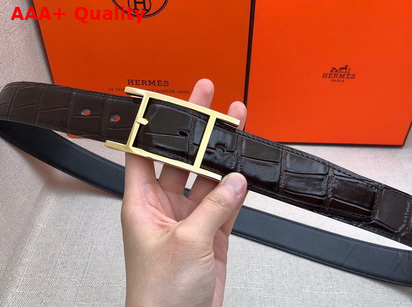 Hermes Quentin Reversible Belt in Chocolate Crocodile Embossed Calfskin Replica