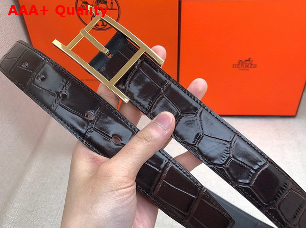 Hermes Quentin Reversible Belt in Chocolate Crocodile Embossed Calfskin Replica