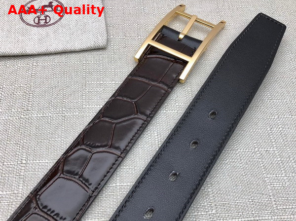 Hermes Quentin Reversible Belt in Chocolate Crocodile Embossed Calfskin Replica