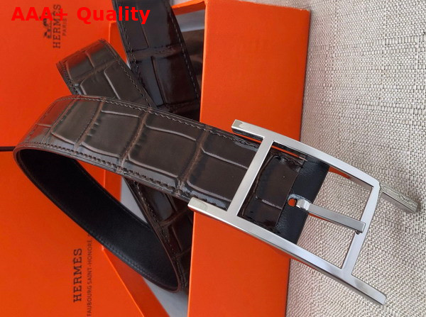 Hermes Quentin Reversible Belt in Chocolate Crocodile Embossed Calfskin Replica