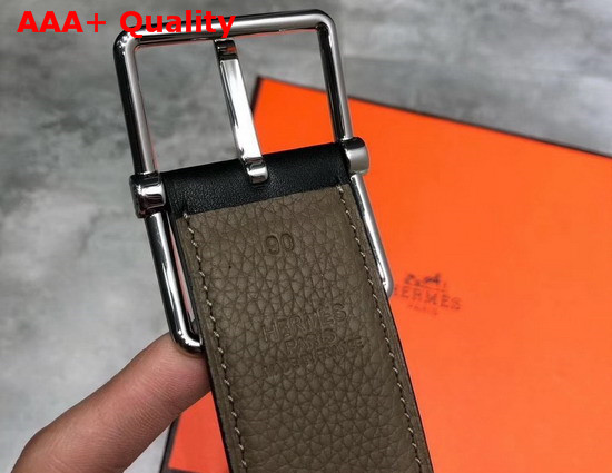 Hermes Saddle 38 Reversible Belt Grey and Black Togo and Box Calfskin Silver Buckle Replica