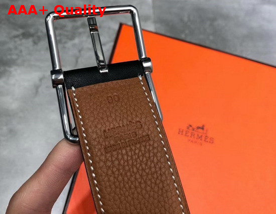 Hermes Saddle 38 Reversible Belt Tan and Black Togo and Box Calfskin Silver Buckle Replica