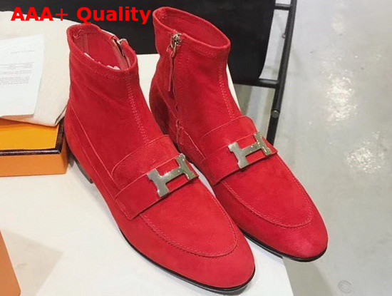 Hermes Saint Honore Ankle Boot in Rouge Piment Stretch Suede Goatskin with Palladium Plated H Detail Replica