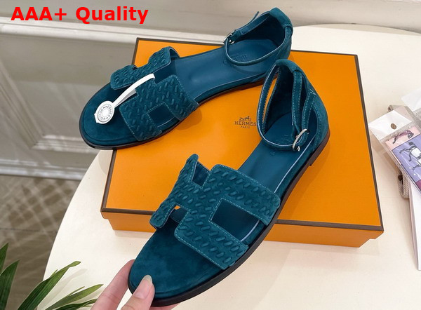 Hermes Santorini Sandal in Peacock Blue Braided Suede Goatskin Replica