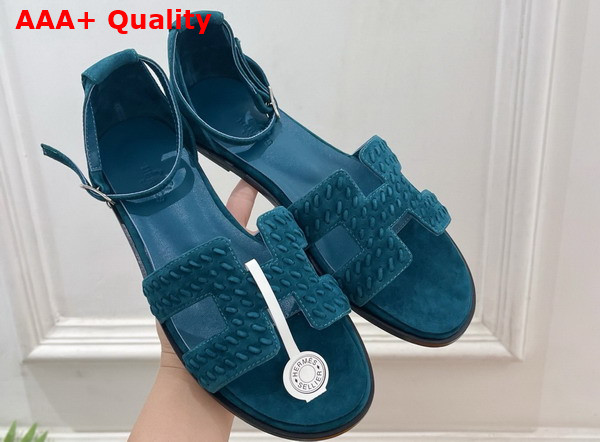 Hermes Santorini Sandal in Peacock Blue Braided Suede Goatskin Replica