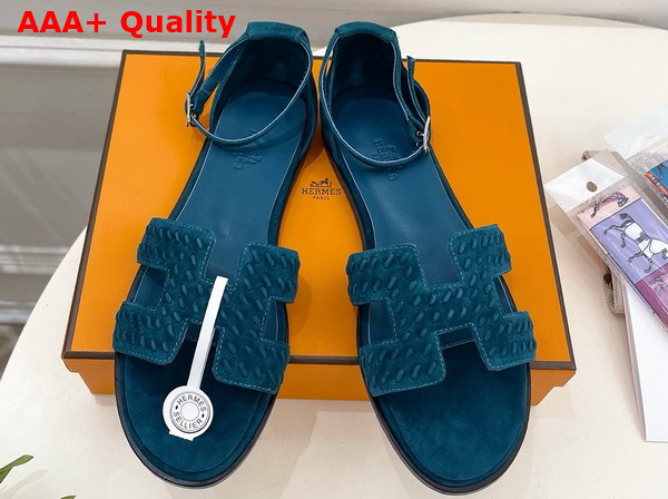Hermes Santorini Sandal in Peacock Blue Braided Suede Goatskin Replica